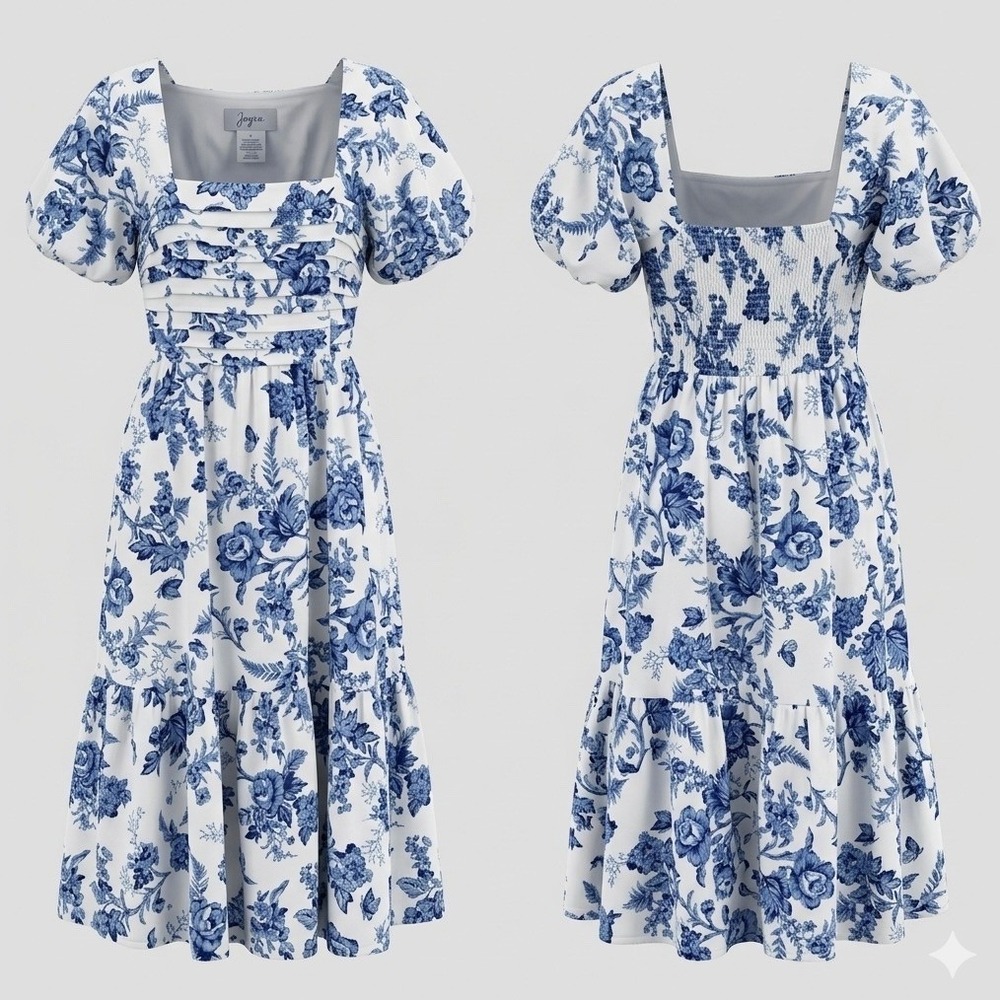 Japna Blue & White Floral Cottagecore Print Square Neck Puff Sleeve Dress Sz L‎